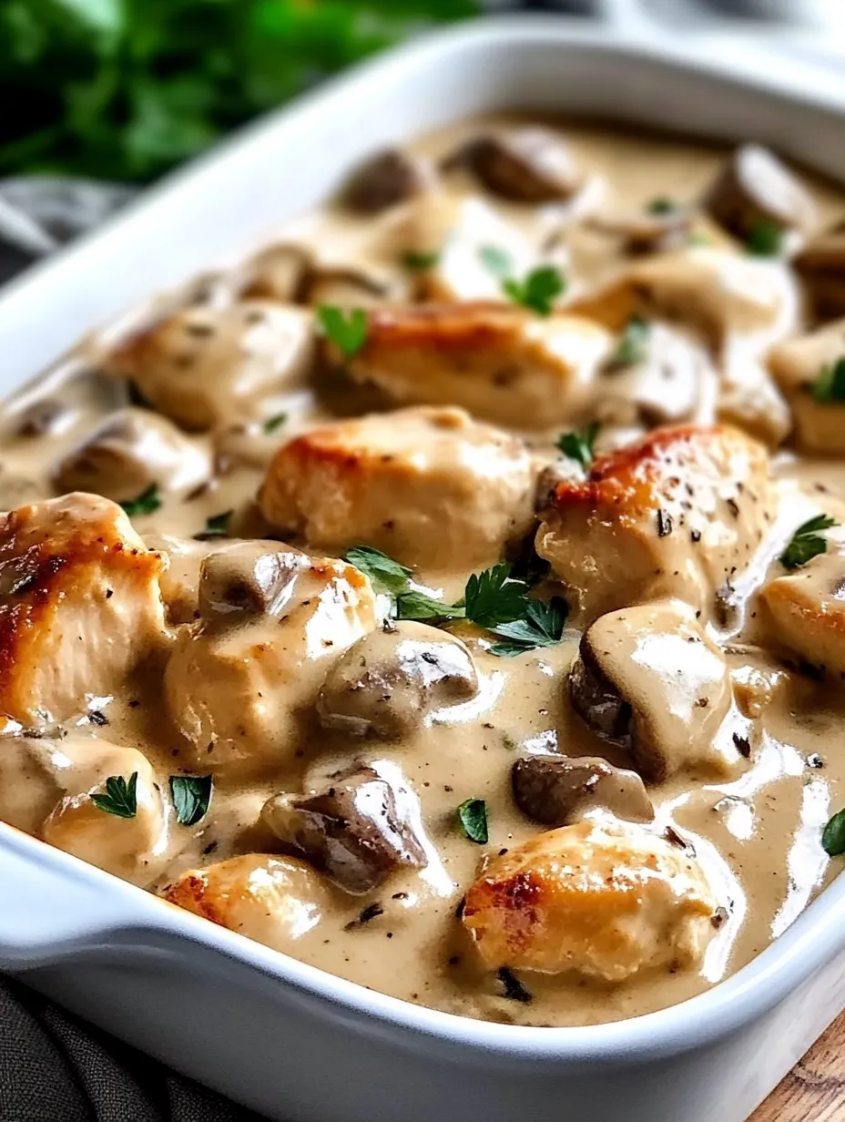 A white bowl filled with chicken and mushrooms.