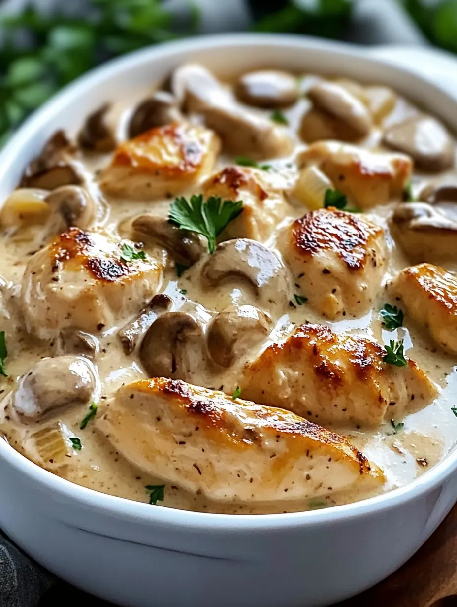 A bowl of baked chicken stroganoff.