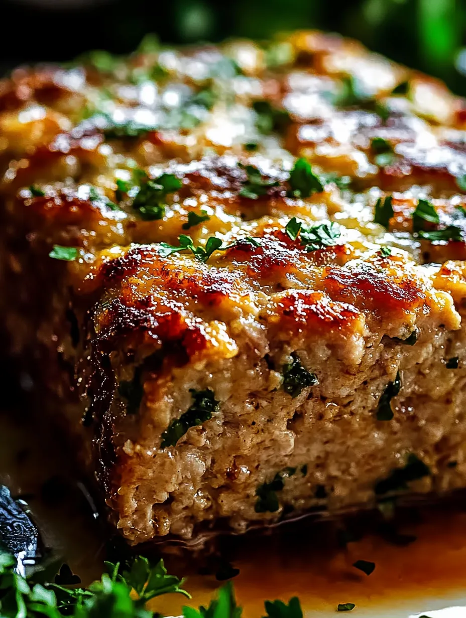 A slice of melt-in-your-mouth garlic Parmesan chicken meatloaf.