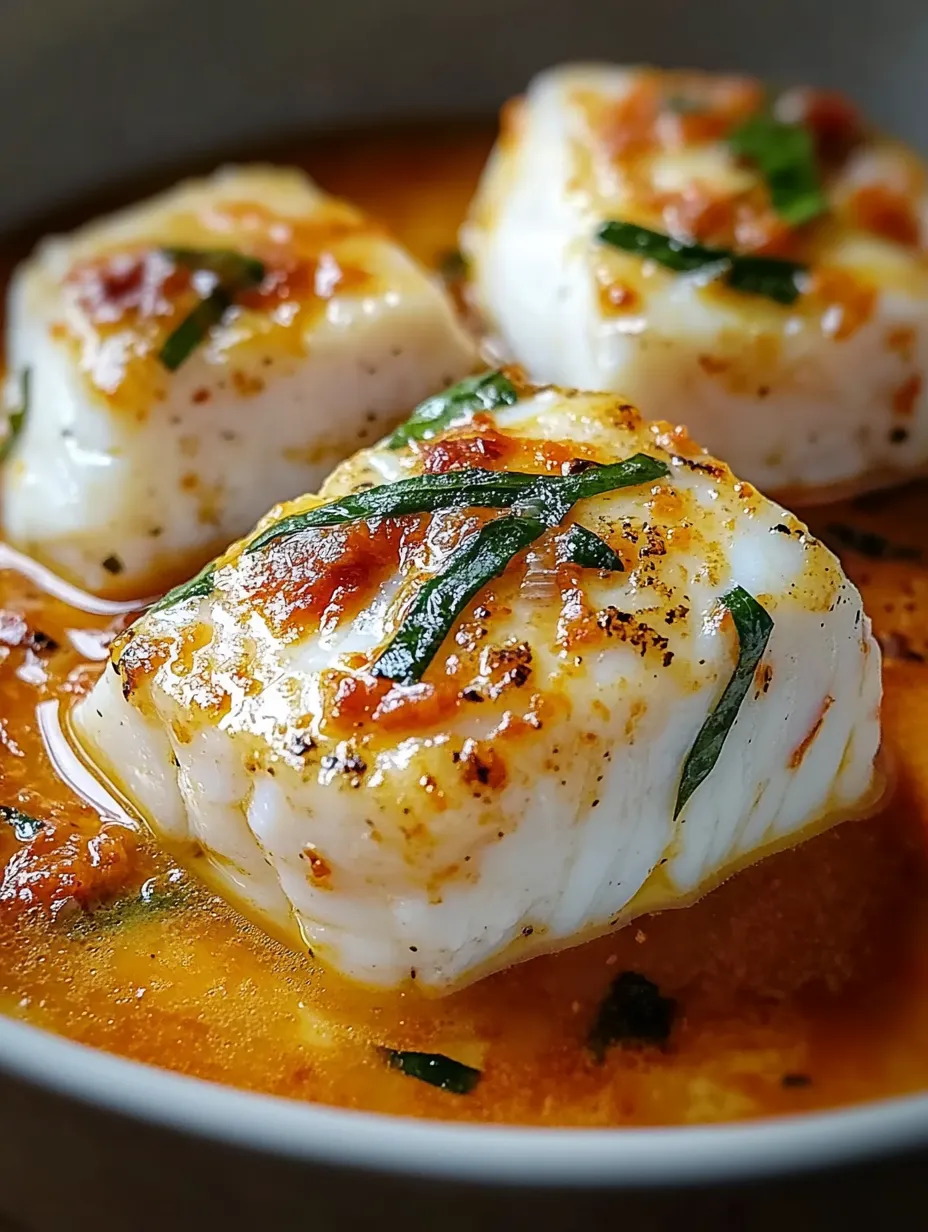Cod in roasted red pepper sauce.