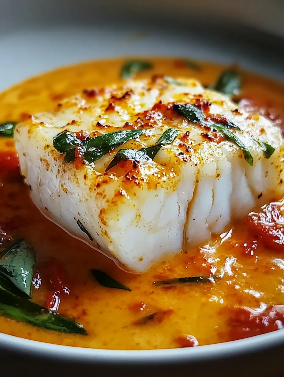 A piece of cooked cod in a red pepper sauce.