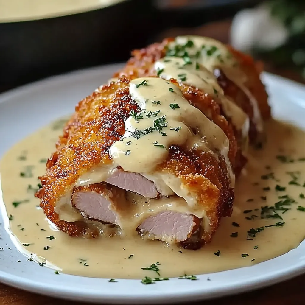 A piece of chicken with cream sauce on it.