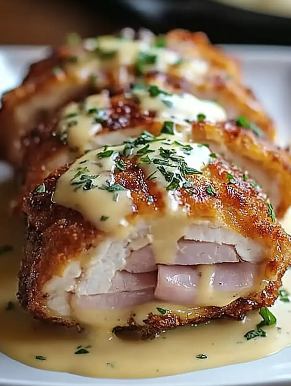 A piece of chicken with cream sauce on it.