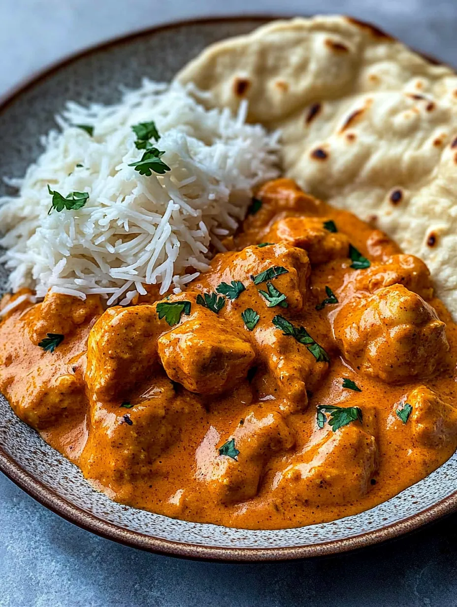 A plate of food with rice, butter chicken, and rice.