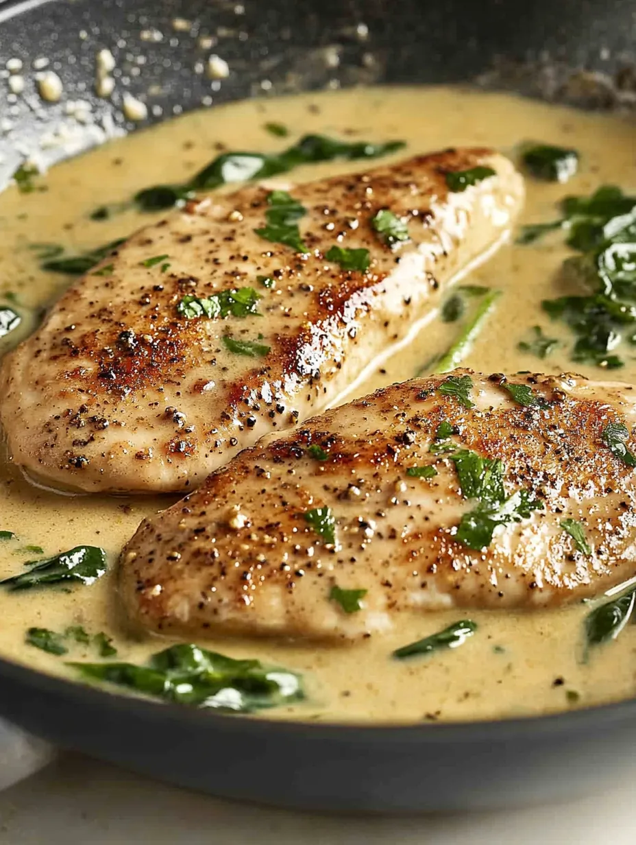 A creamy Dijon chicken dish with green herbs.