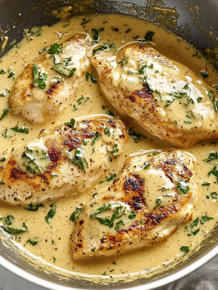 Chicken with sauce and herbs.