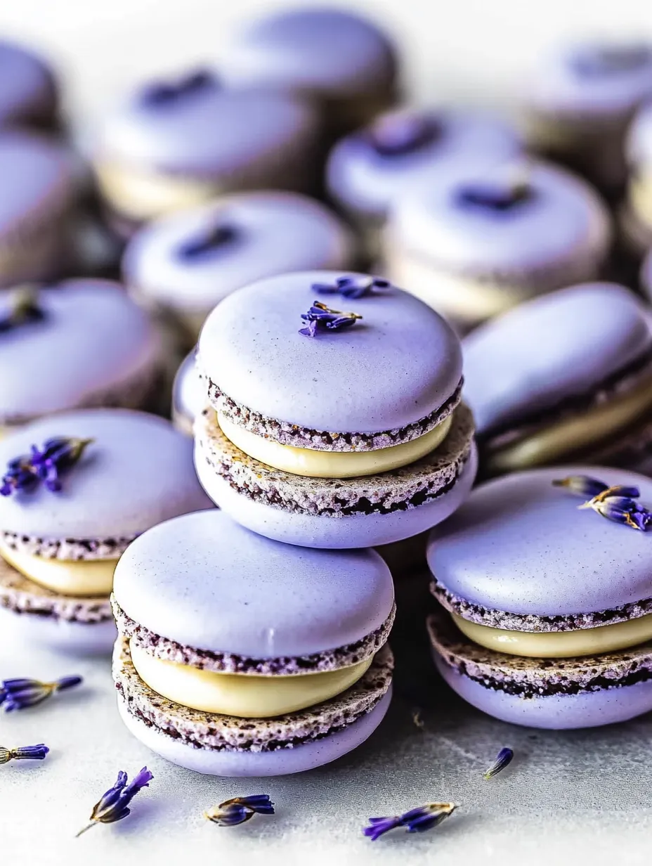 Purple macarons with lavender on top.