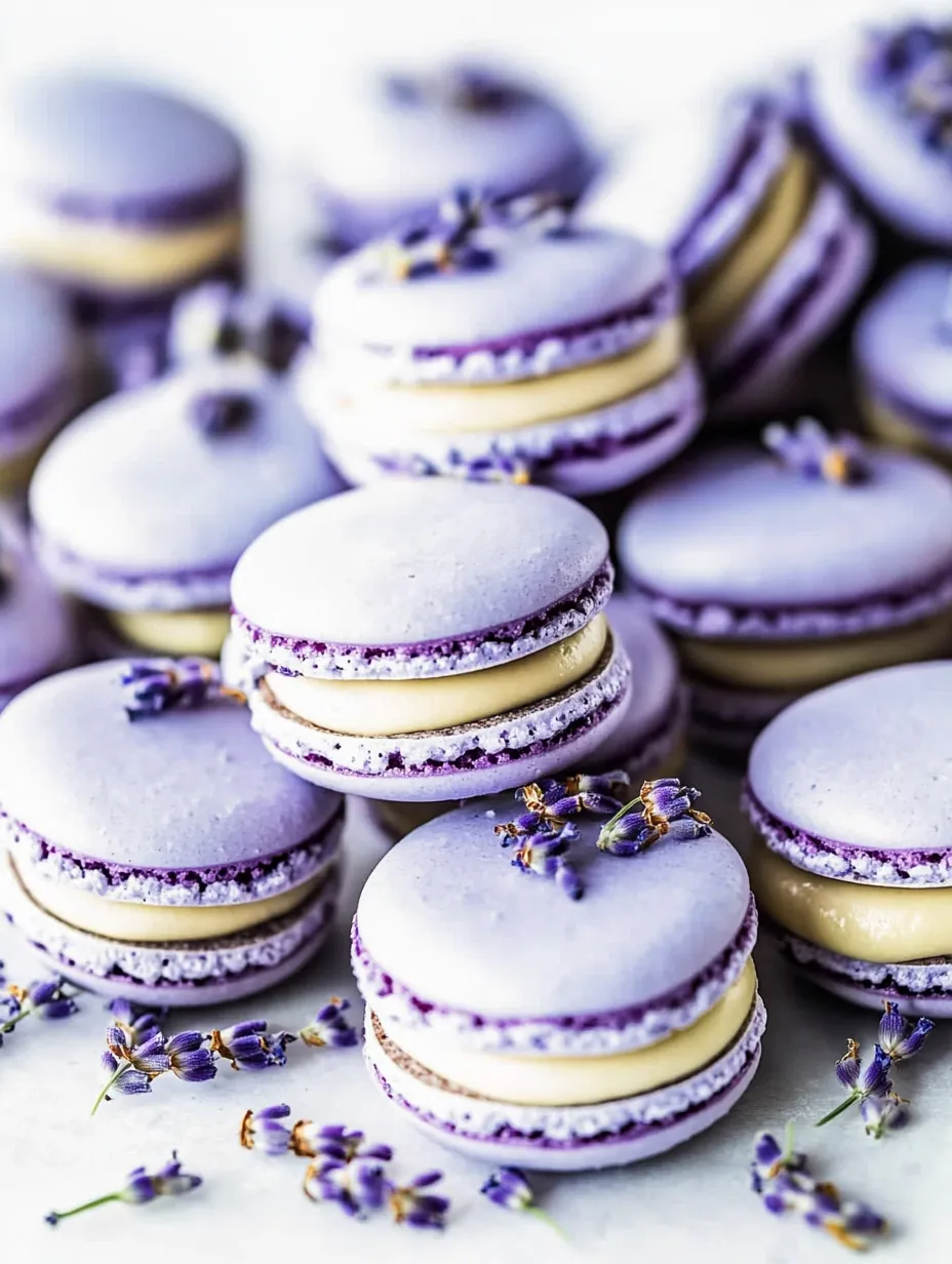 Purple macarons with lavender sprinkled on top.