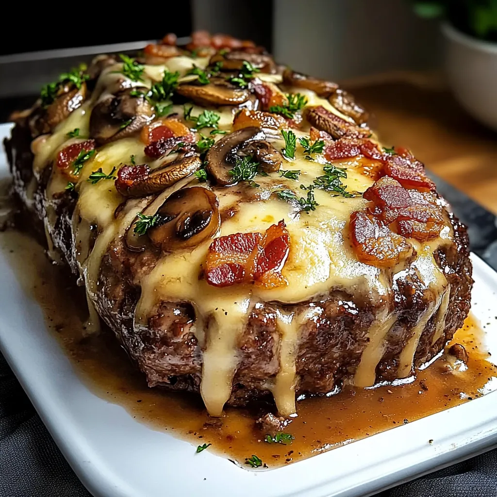 A close up of a meatloaf with mushrooms and cheese.
