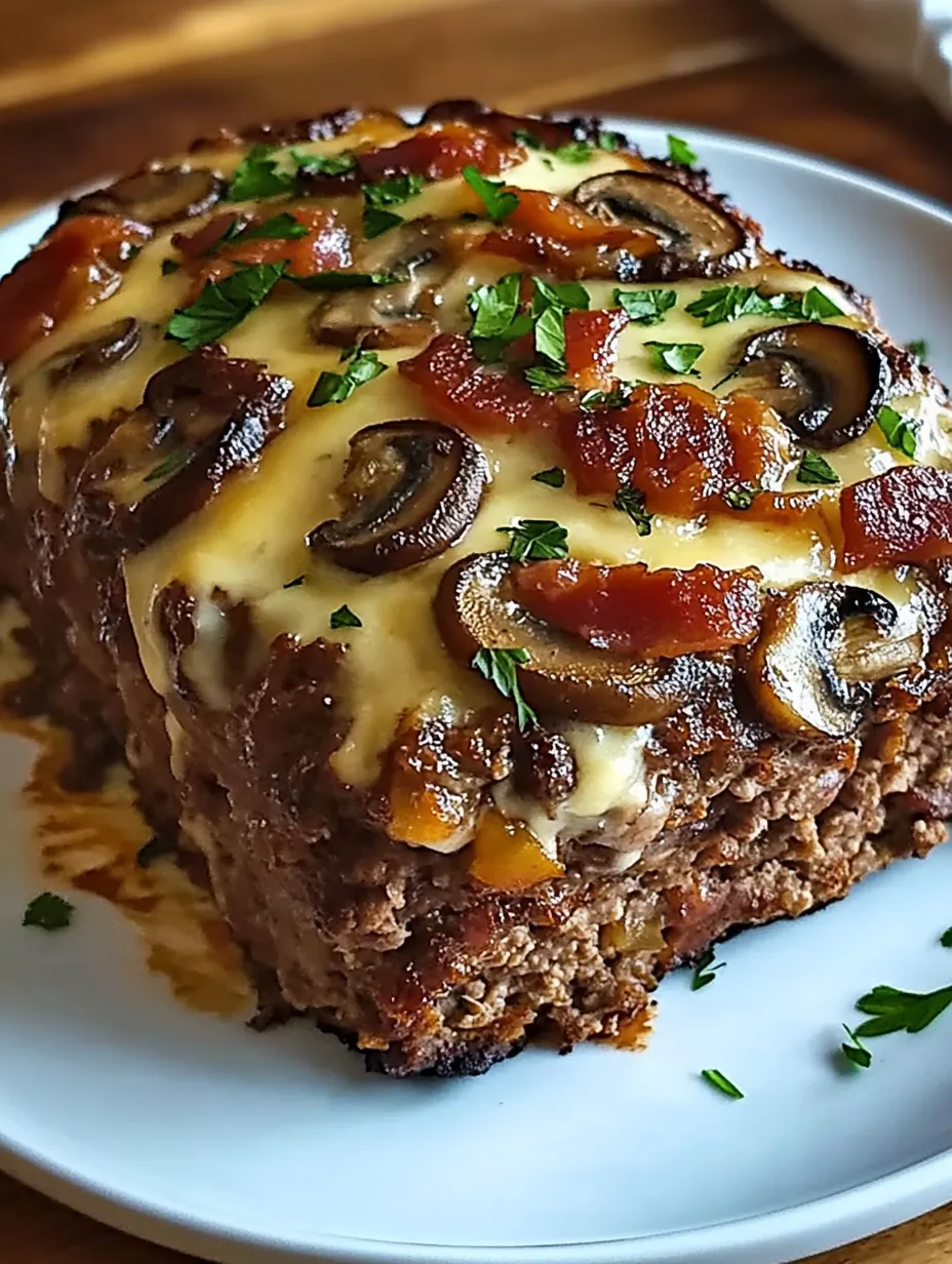 A close up of a meatloaf with mushrooms and cheese.