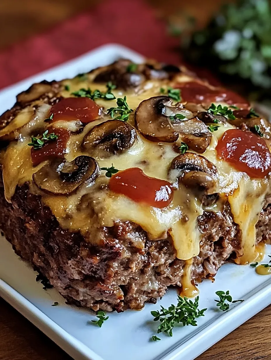 A close up of a mushroom swiss cheese meatloaf.