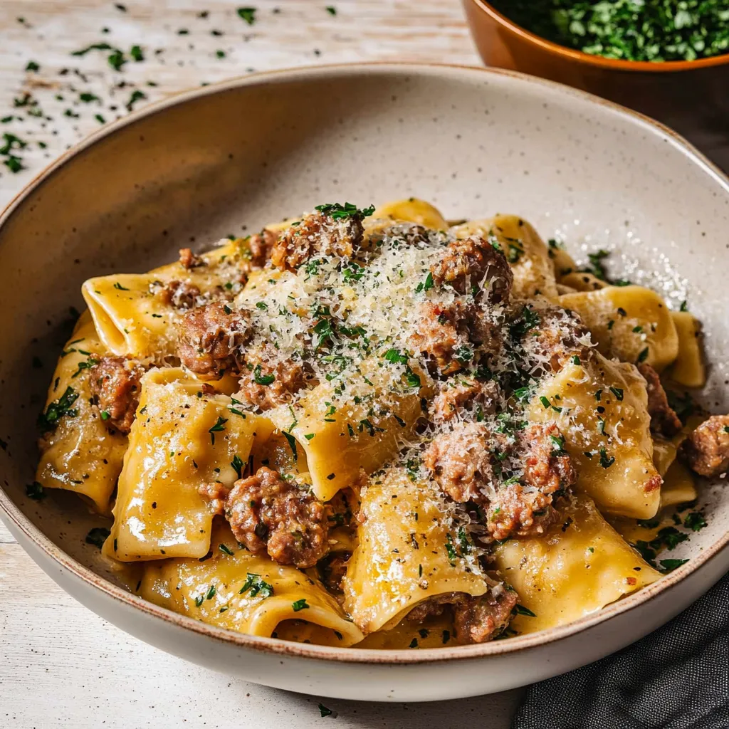 A bowl of pasta with meat and cheese.