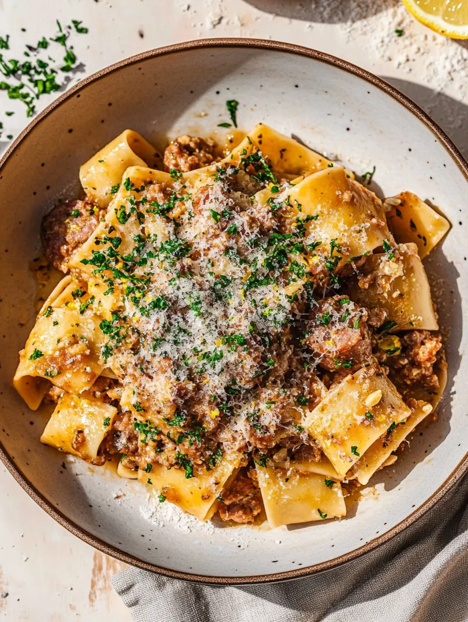 A bowl of pasta with sauce and sausage.