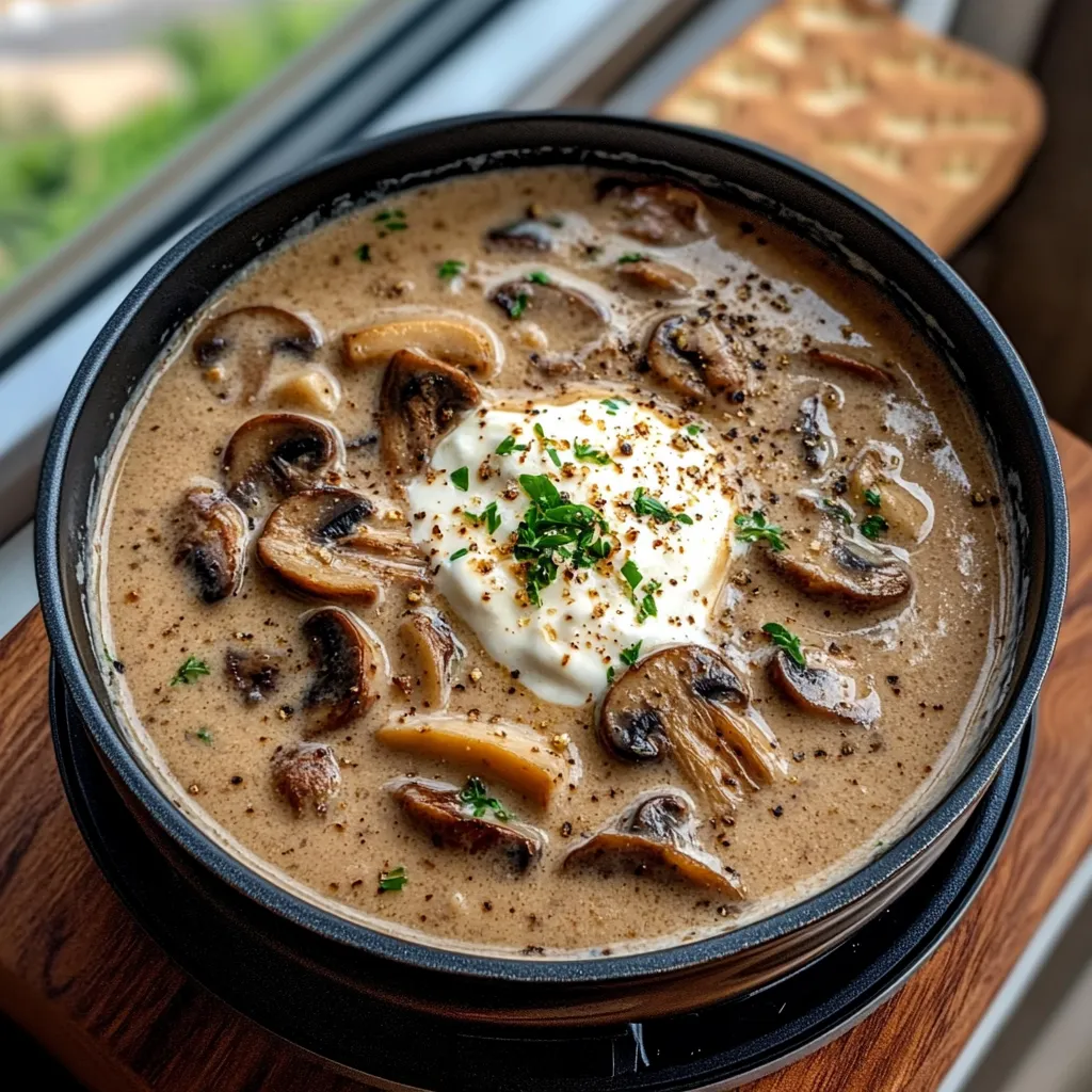 A bowl of creamy mushroom soup.