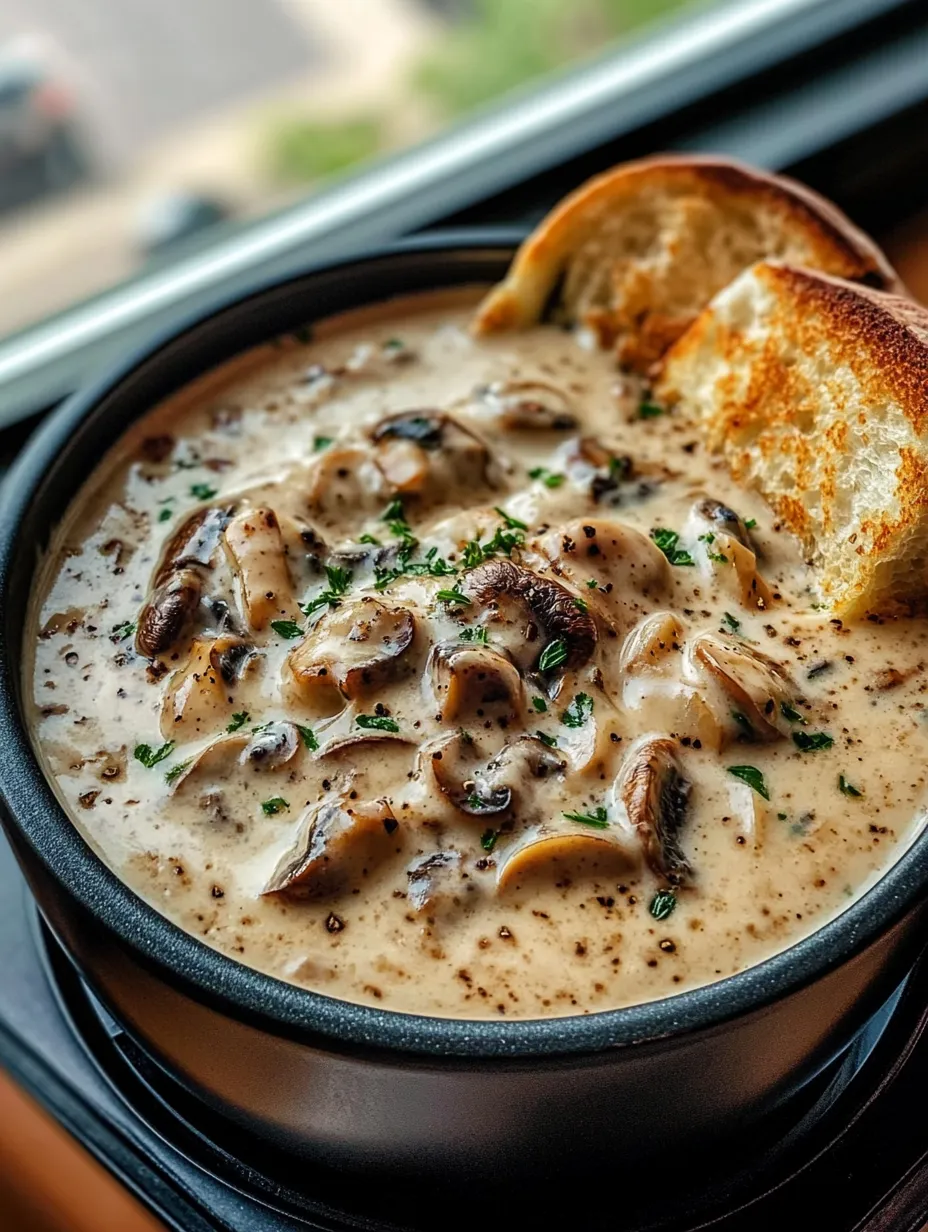 A bowl of creamy mushroom soup with a slice of bread on top.