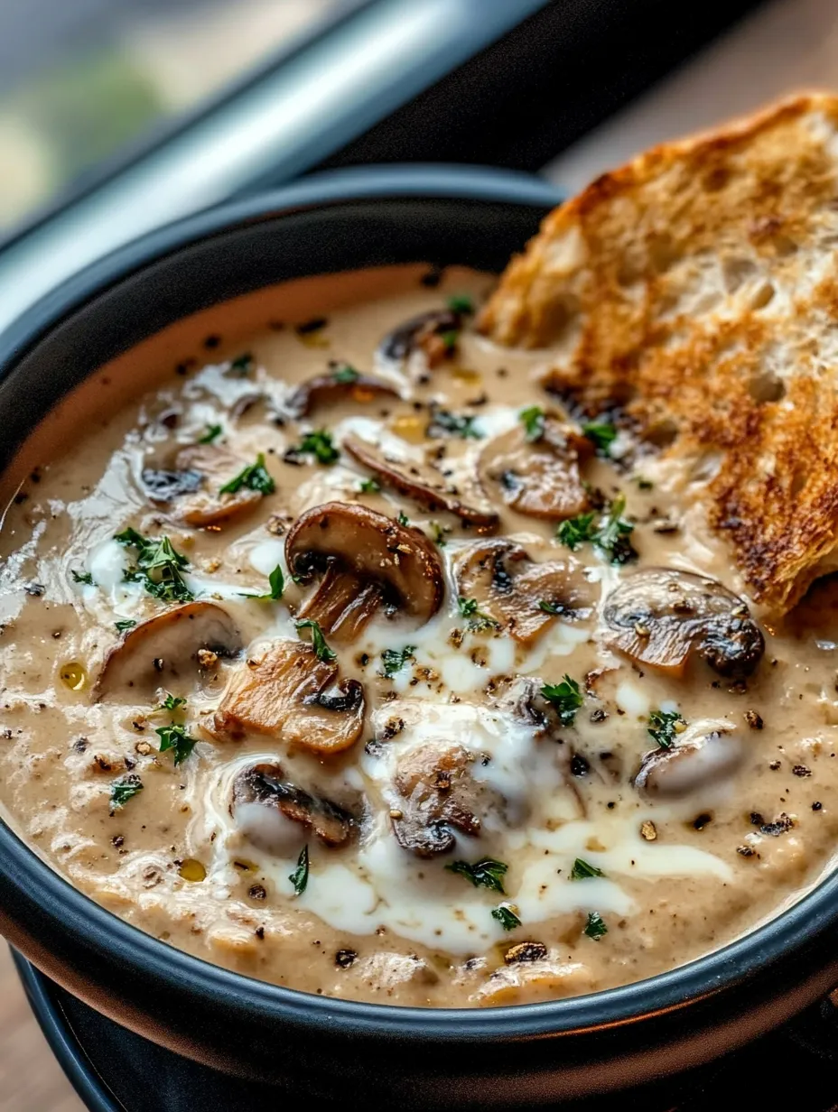 A bowl of creamy mushroom soup with a piece of bread on top.
