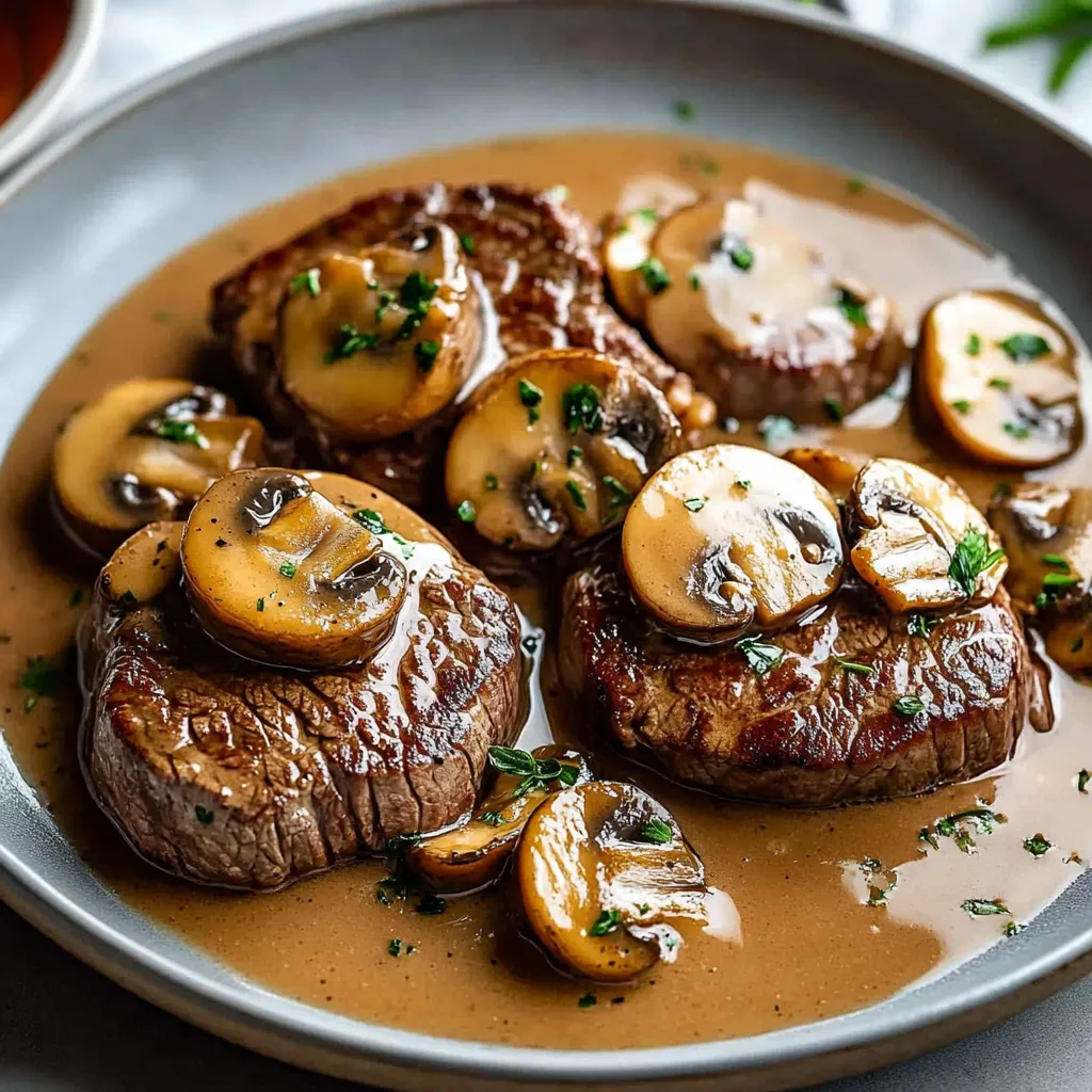 A plate of steak with mushrooms and a brown sauce.