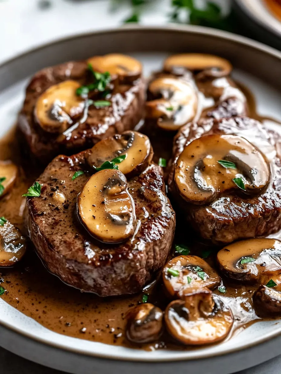 A plate of steak with mushrooms on top.