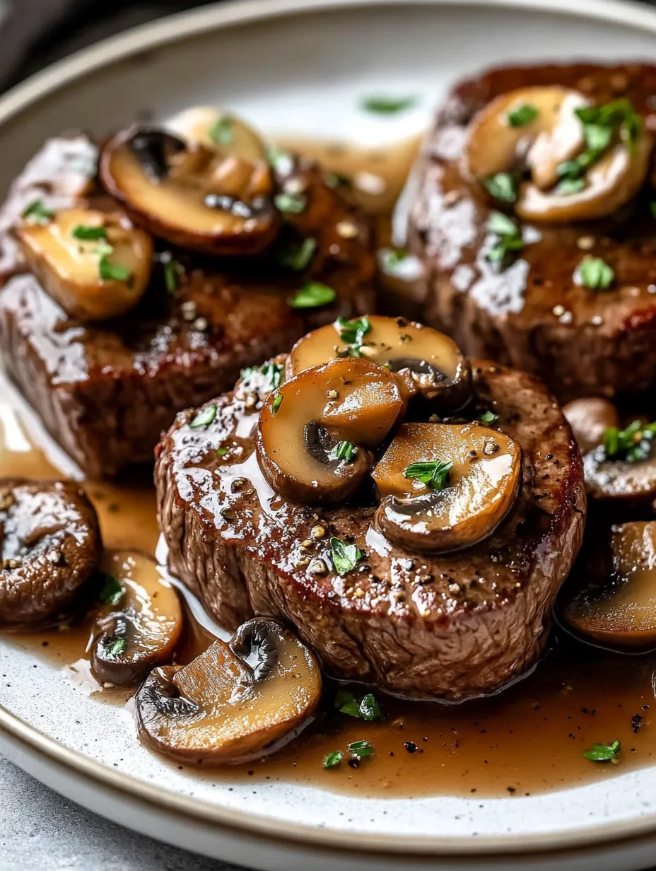 Steak Diane with mushrooms and herbs.