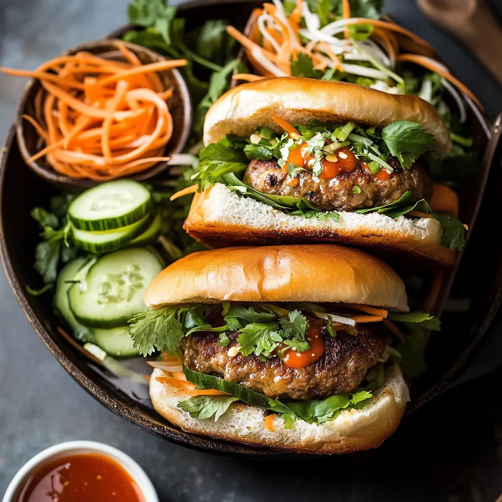 A bowl of food with a pork banh mi burger.