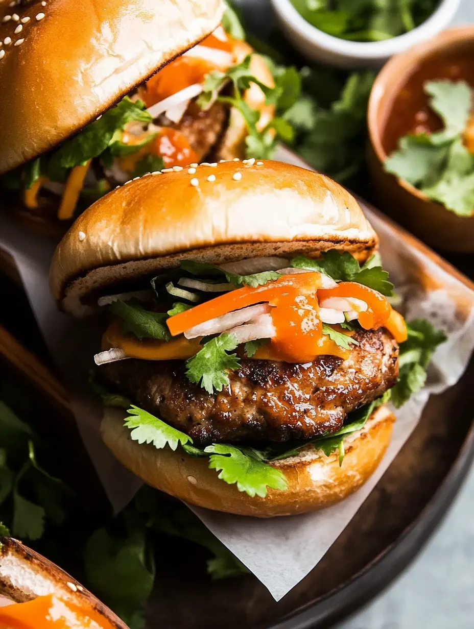 A close up of a pork banh mi burger.