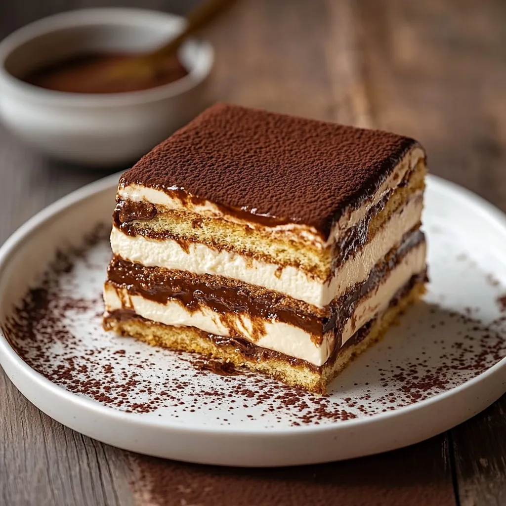A slice of chocolate tiramisu on a plate.