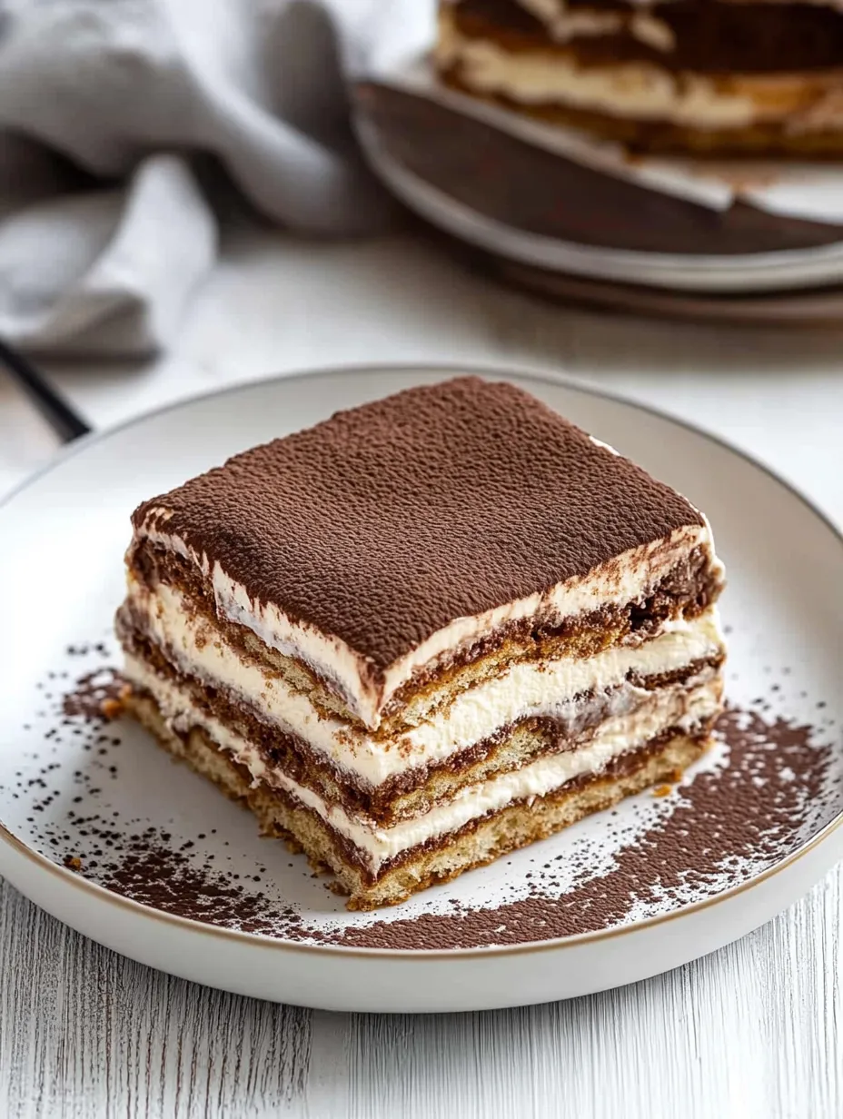 A slice of chocolate tiramisu on a plate.