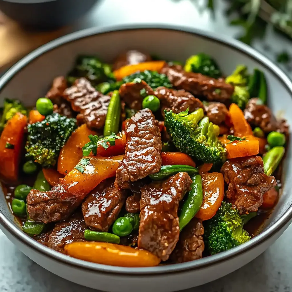 A bowl of beef stir fry with vegetables.
