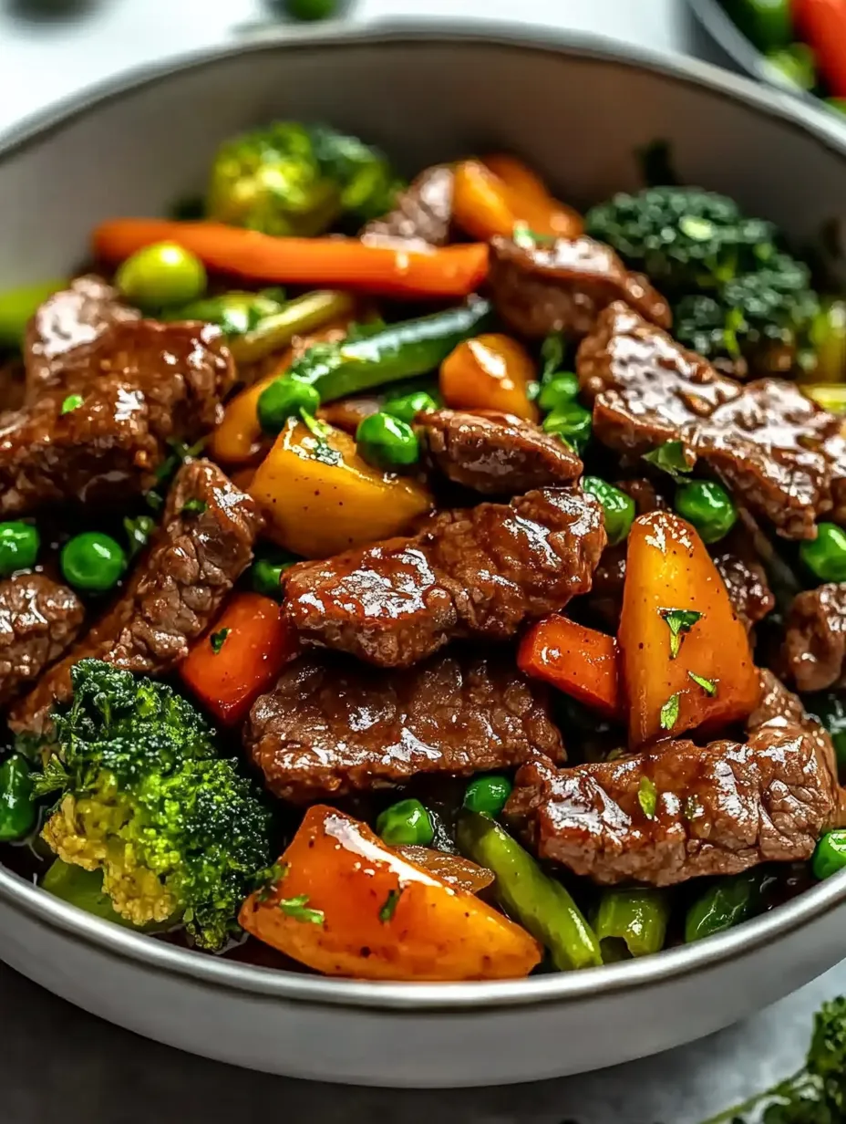 A plate of beef stir fry with vegetables.