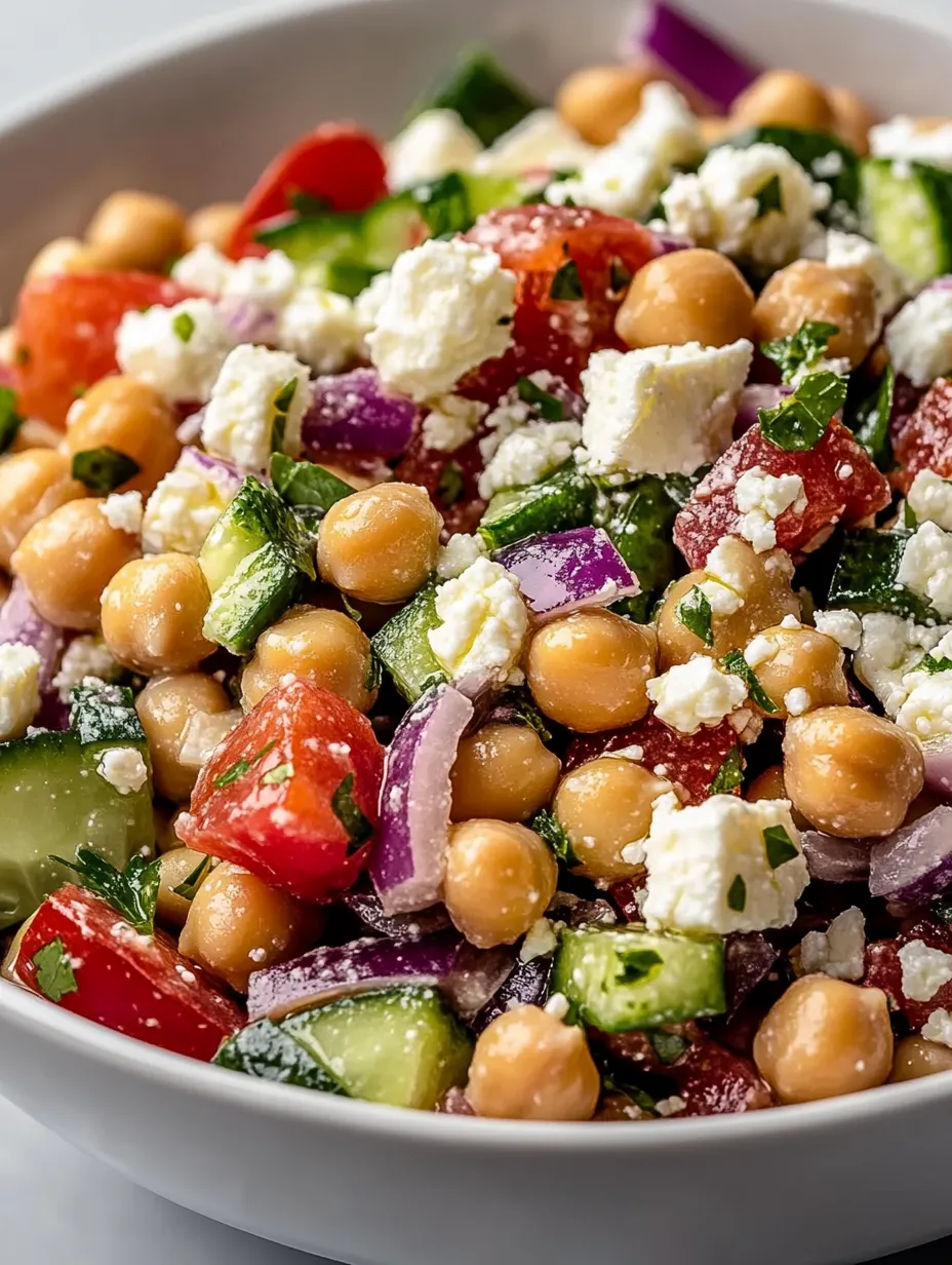 A bowl of Mediterranean chickpea feta salad.