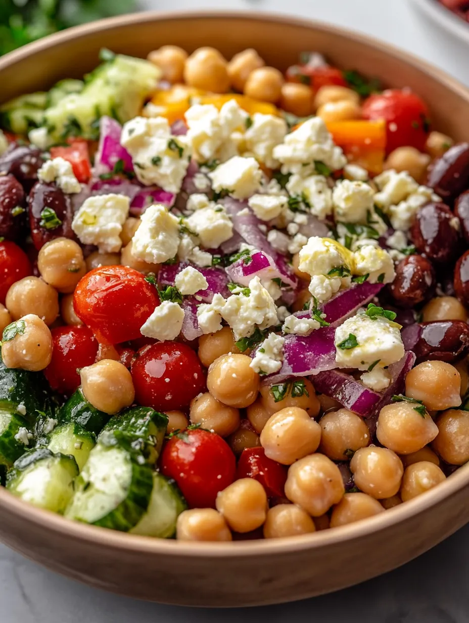 A bowl of Mediterranean chickpea feta salad.