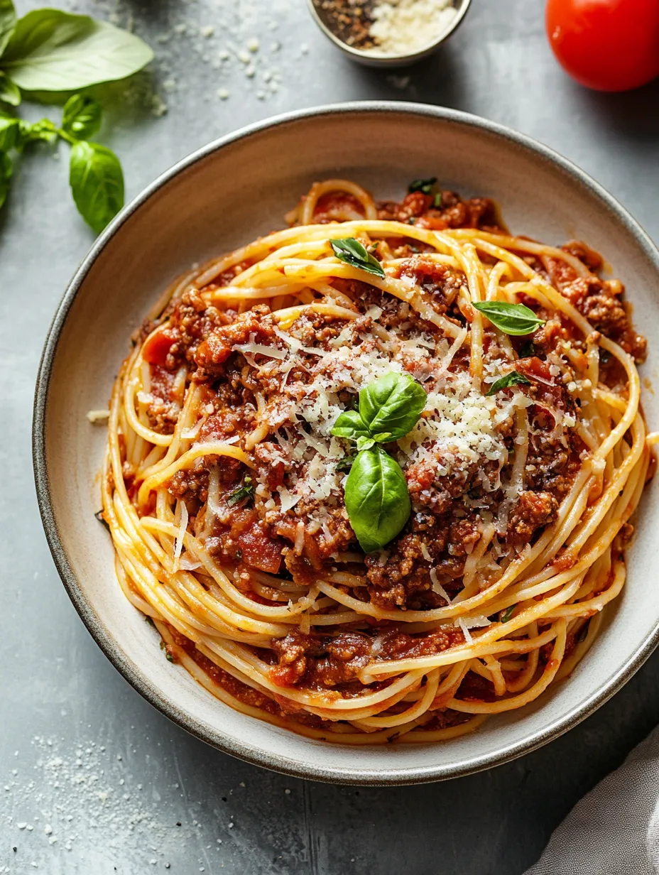 A bowl of spaghetti with meat sauce.
