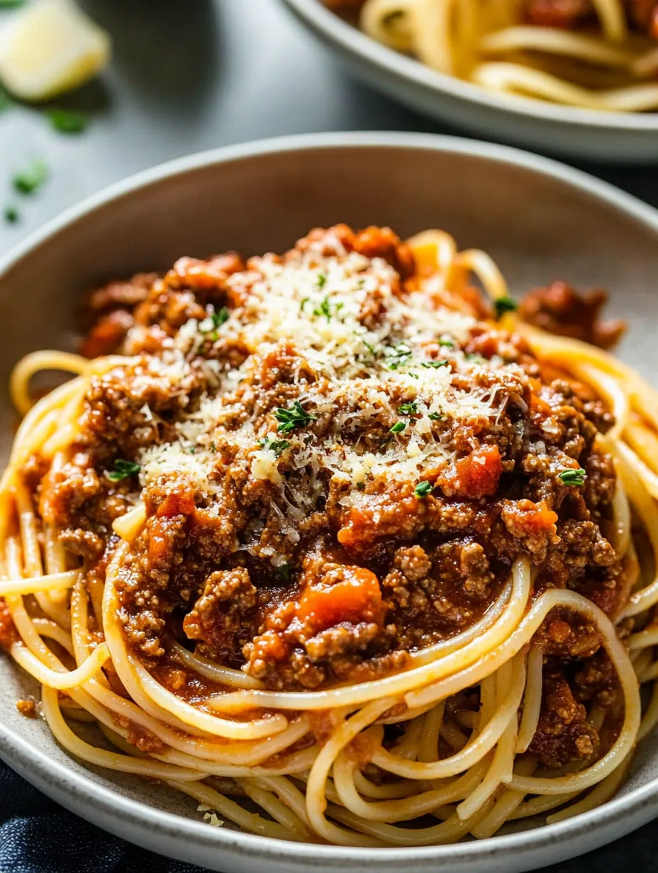 A bowl of spaghetti with meat sauce.