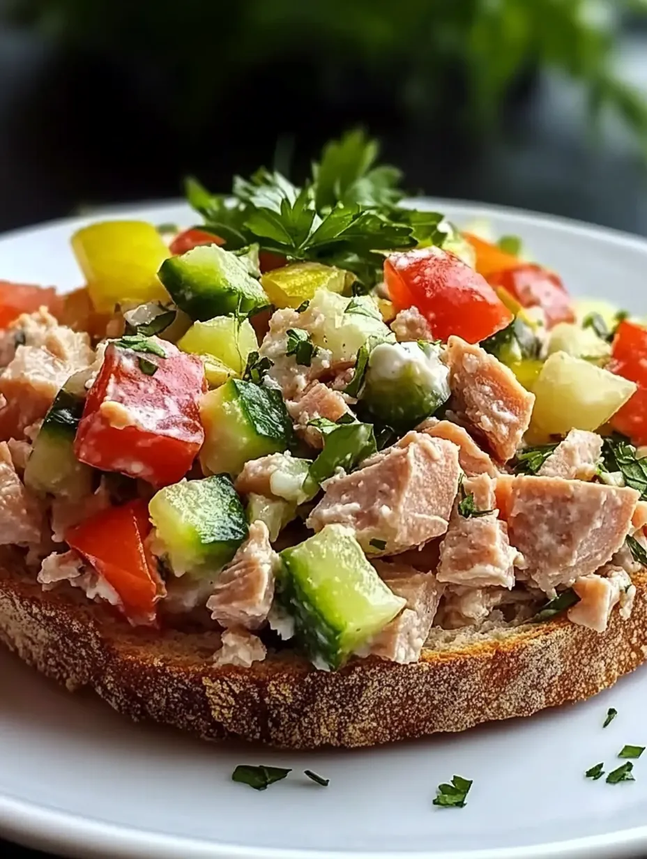 A plate of tuna salad with vegetables and yogurt.