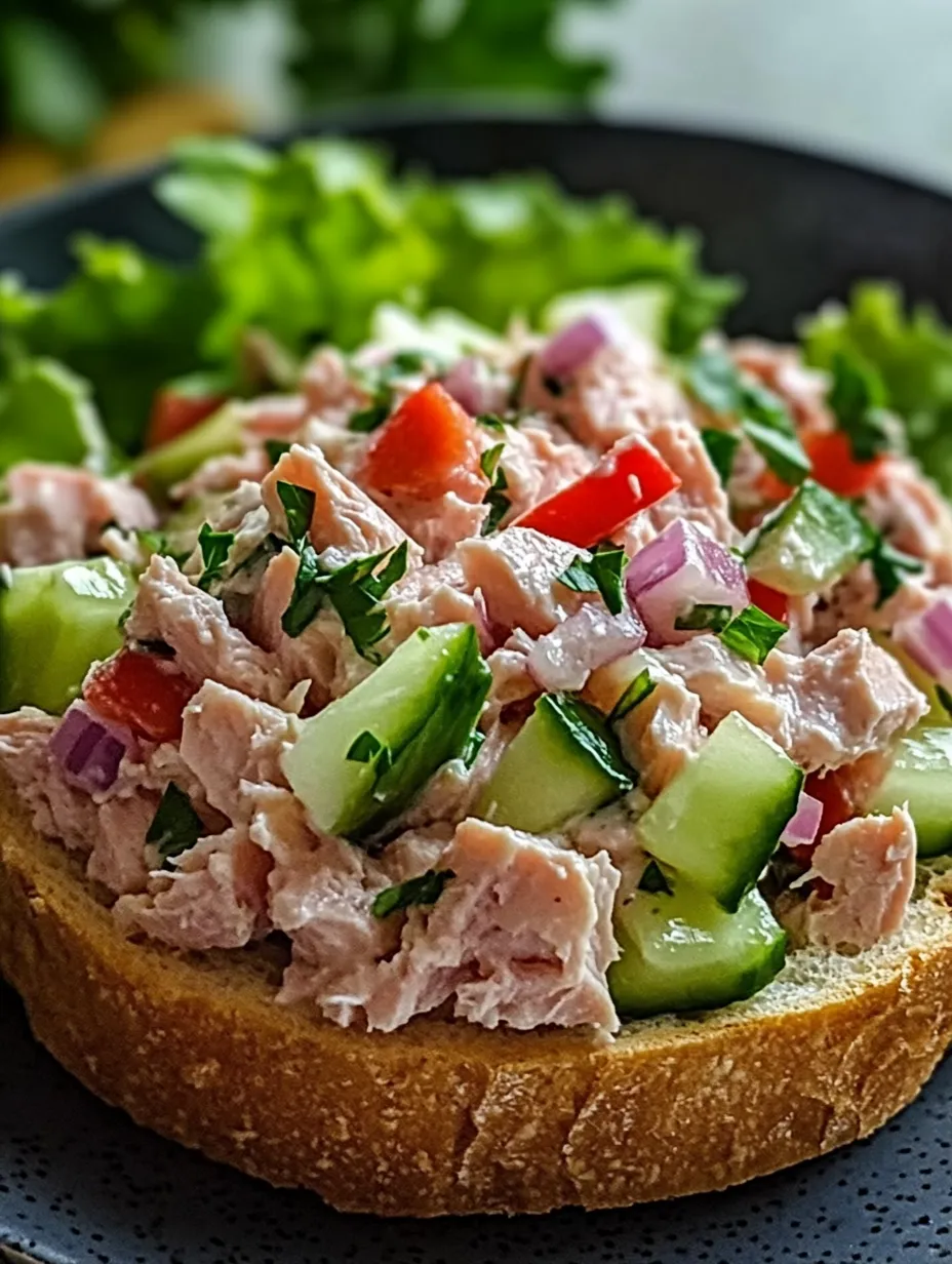 A sandwich with tuna salad, cucumbers, and lettuce.