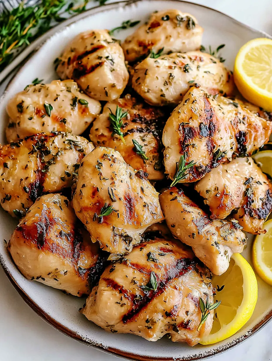 A plate of grilled chicken with lemon and herbs.
