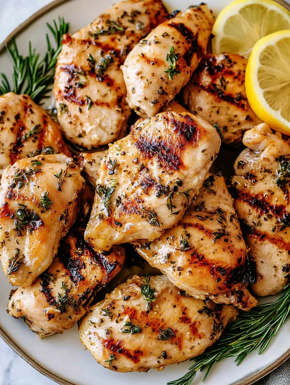 A plate of grilled chicken with lemon and herbs.
