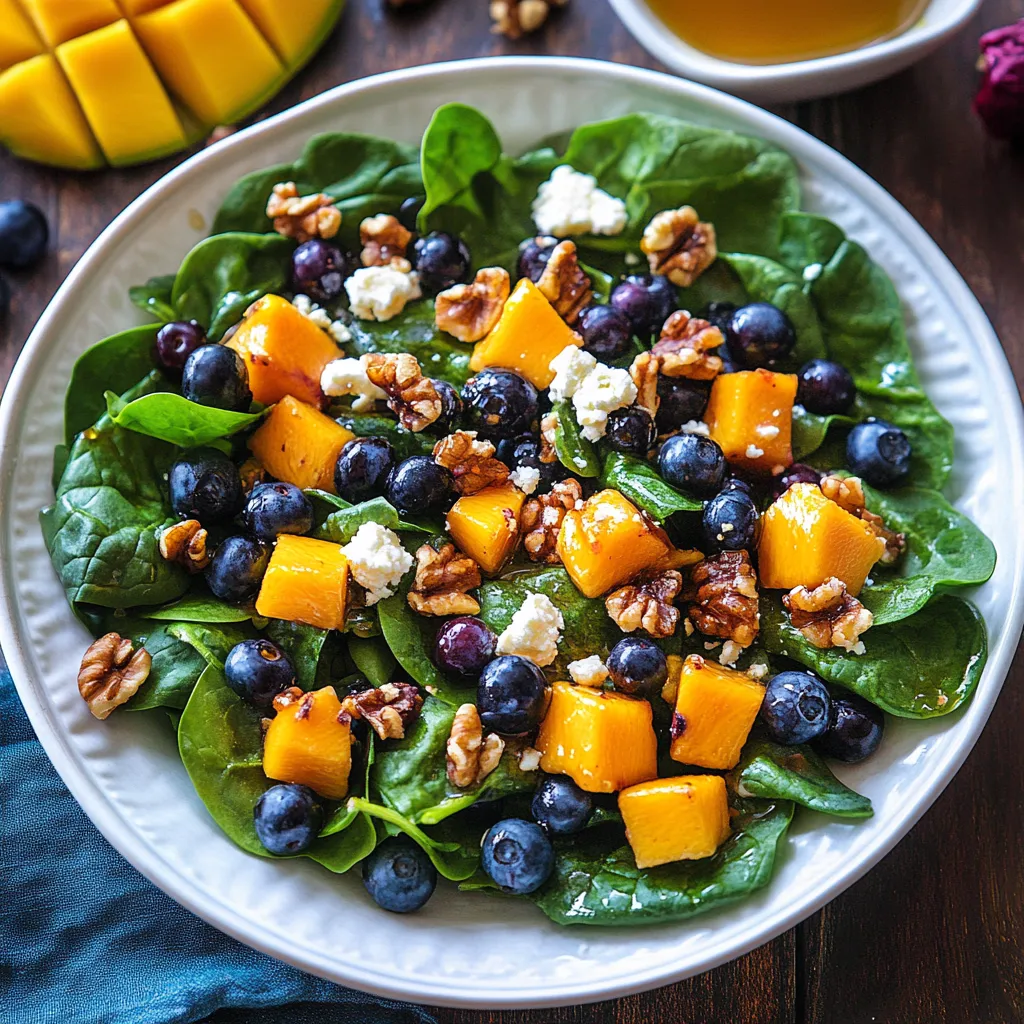 A plate of mango salad with spinach and blueberries.