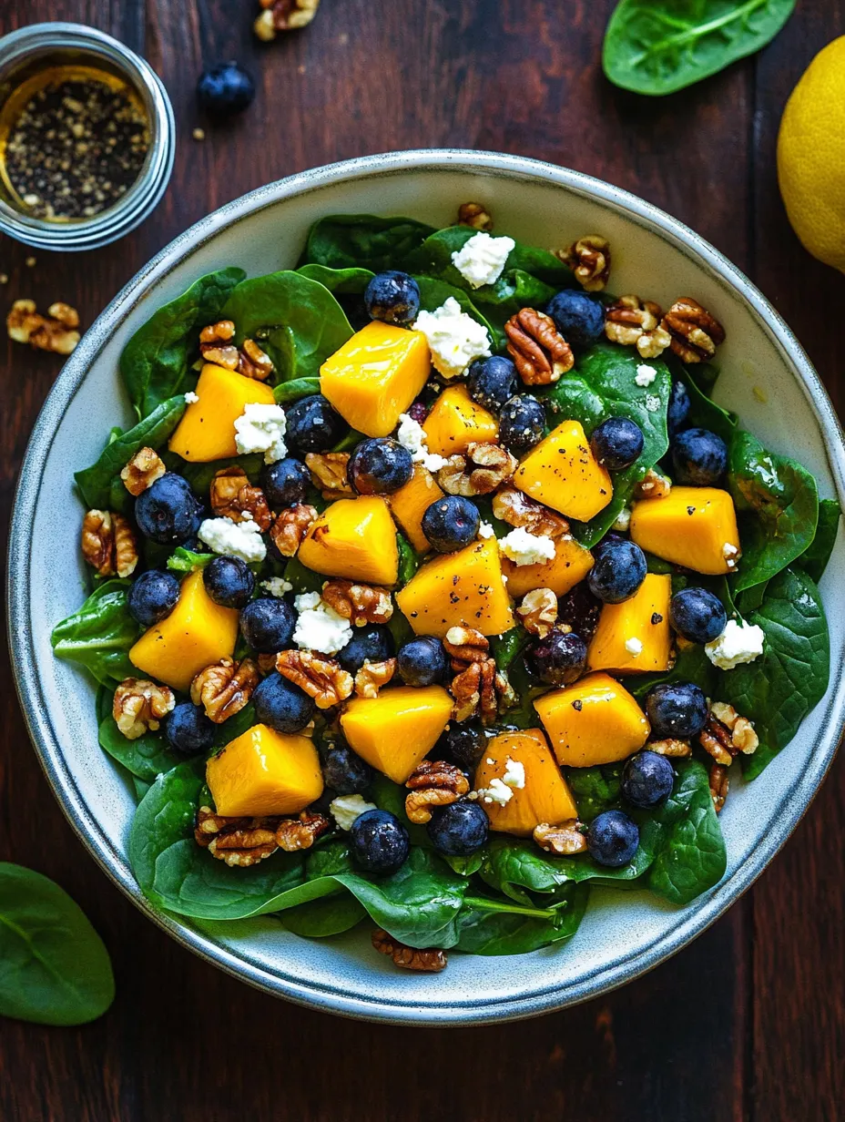A bowl of salad with mango, spinach, and blueberries.