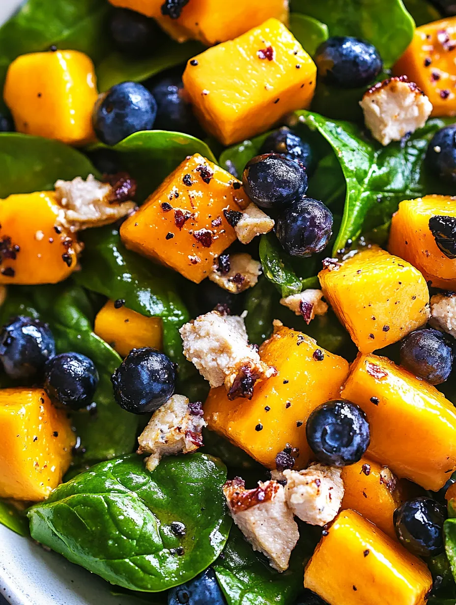 A salad with mango, spinach, and blueberries.