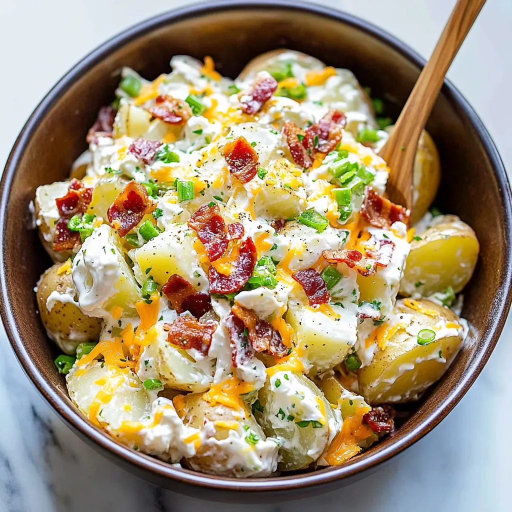 A bowl of loaded baked potato salad.