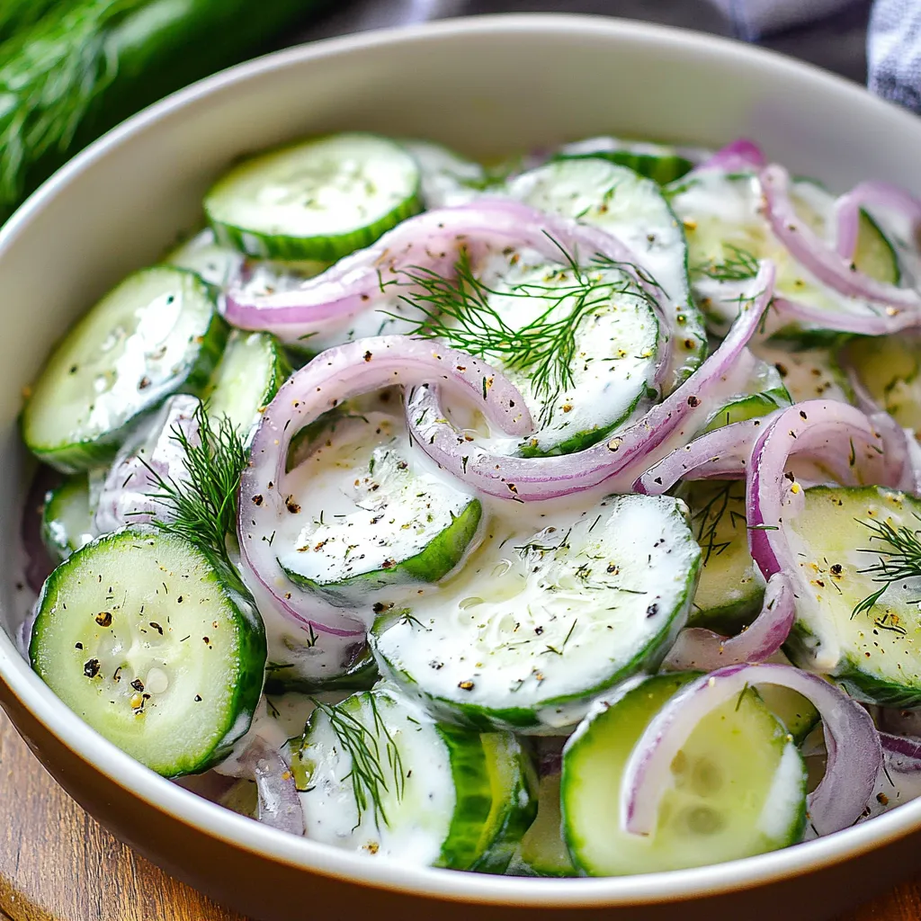 A bowl of cucumber salad with onions and herbs.