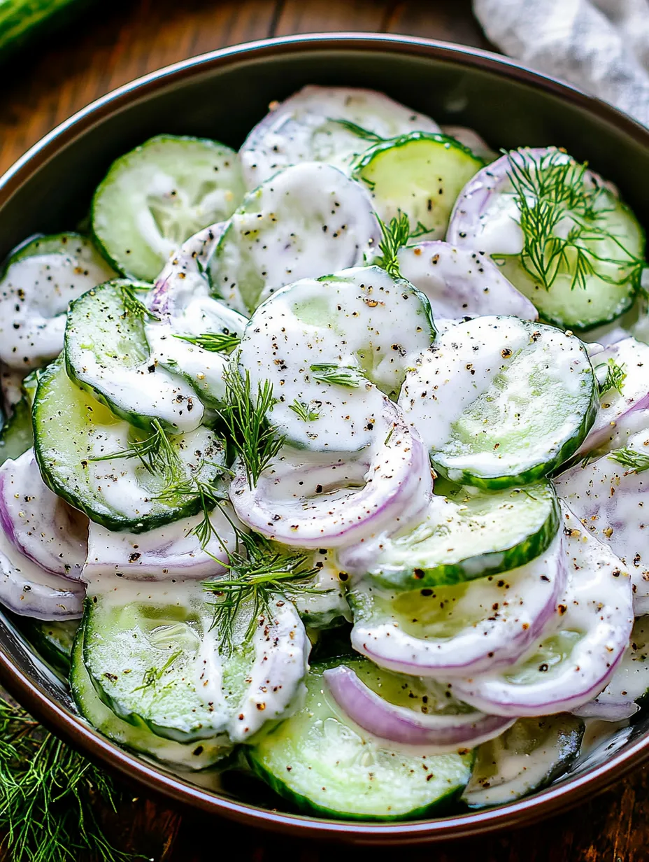 A bowl of cucumber salad with white sauce.