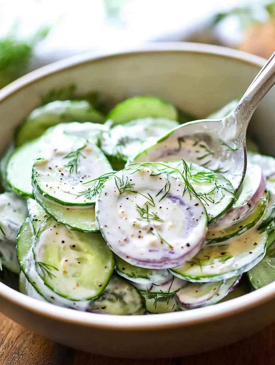 A bowl of cucumber salad with a spoon in it.