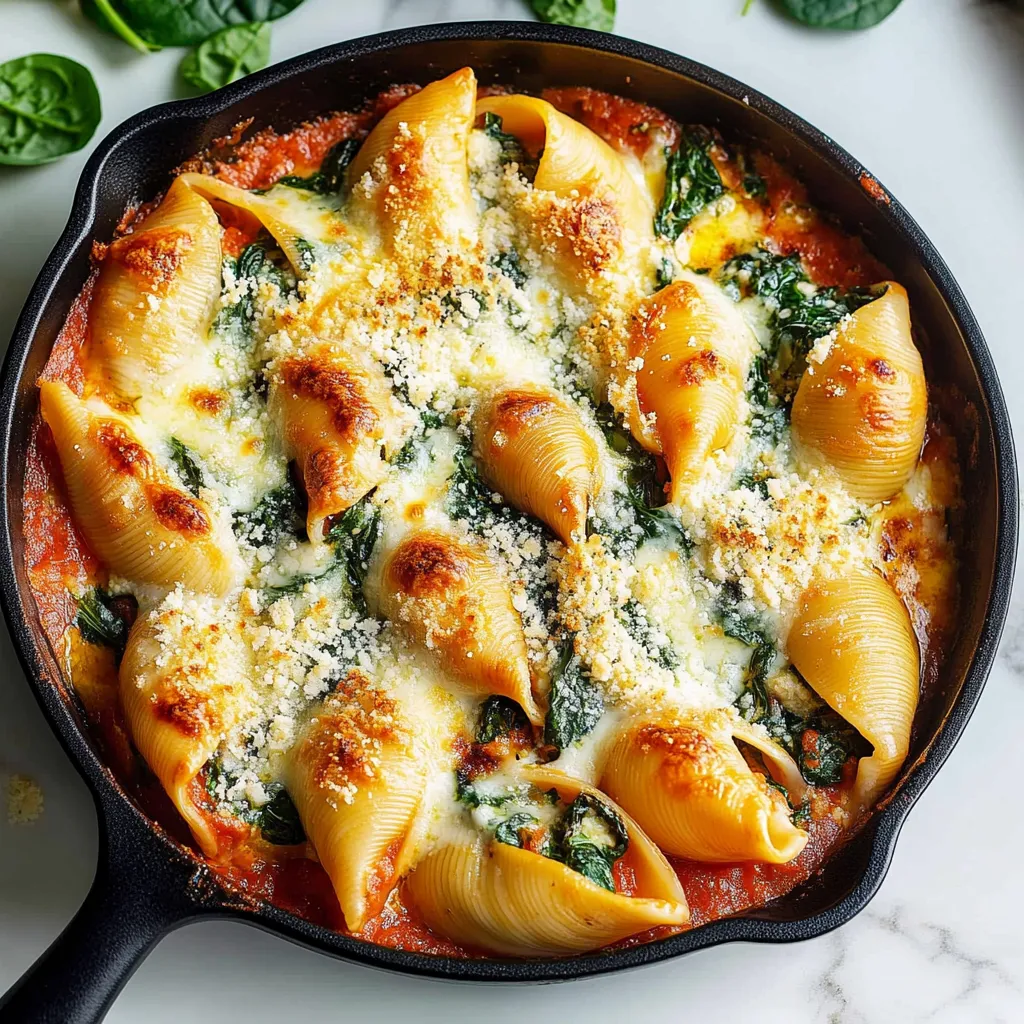 A pan of spinach and ricotta stuffed shells.