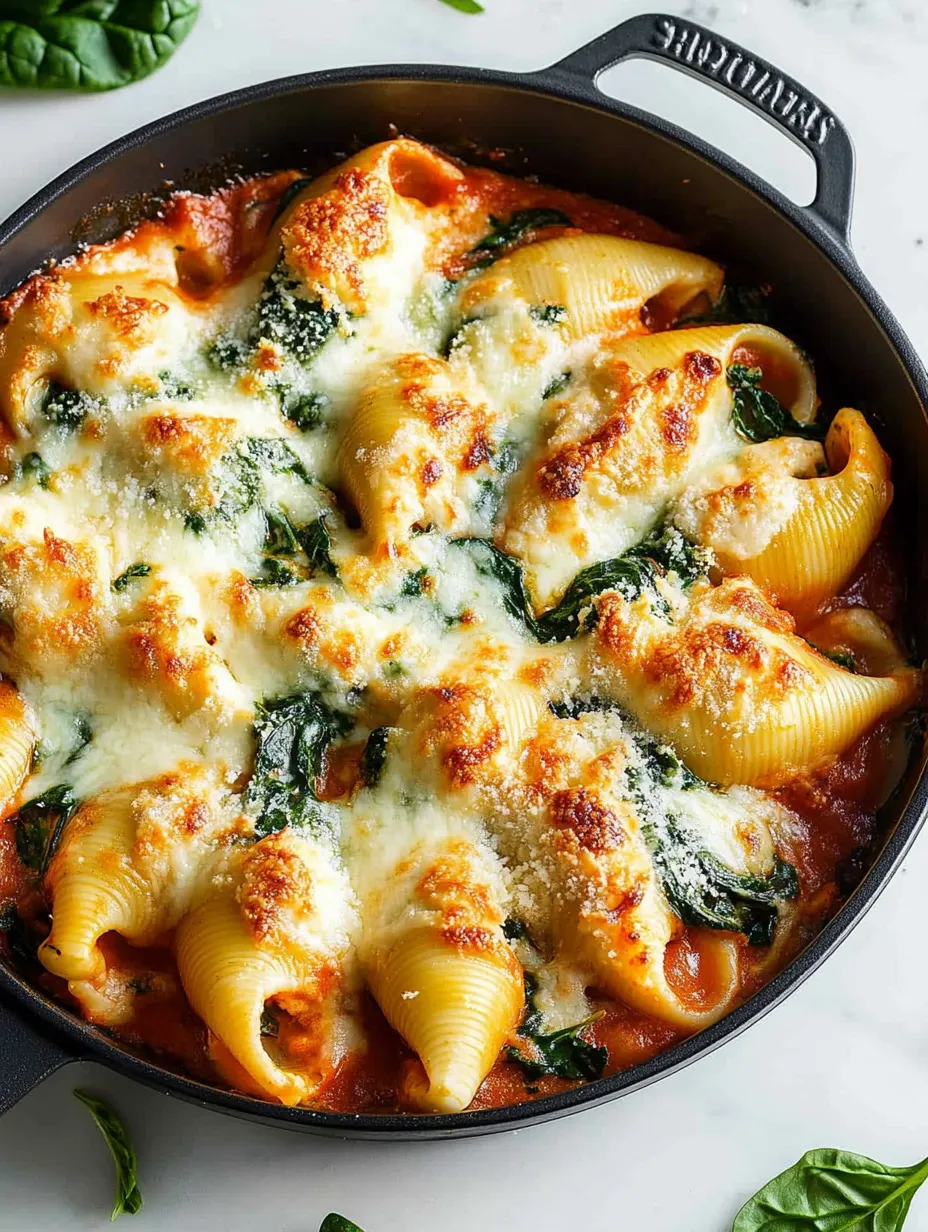 A dish of spinach and ricotta stuffed shells.