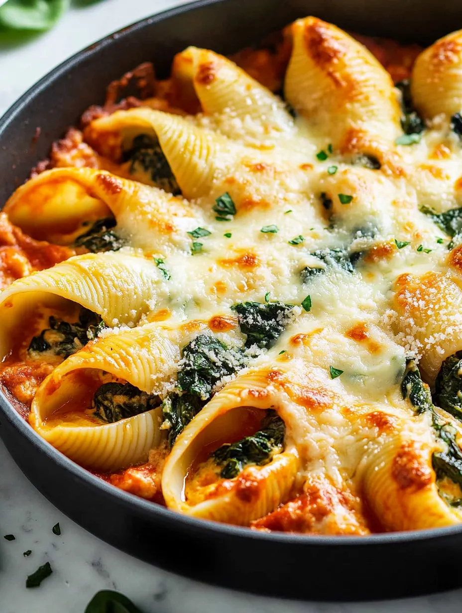 A dish of spinach and ricotta stuffed shells.