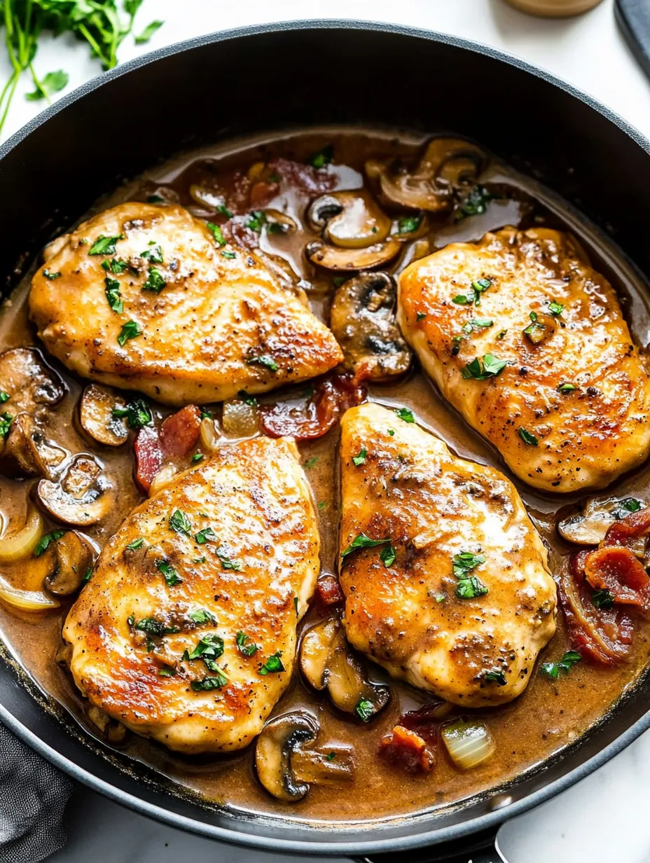 Chicken Marsala in a black bowl.