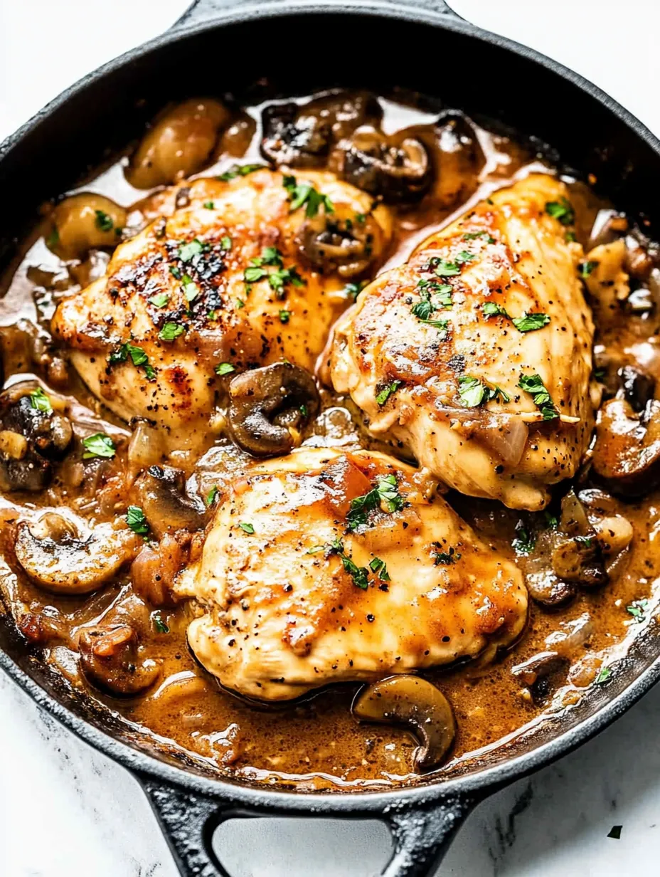 Chicken Marsala with mushrooms and herbs.