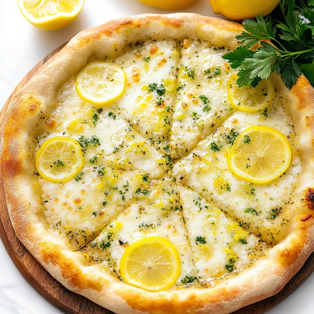 A slice of lemon pizza with a lemon wedge on the side.